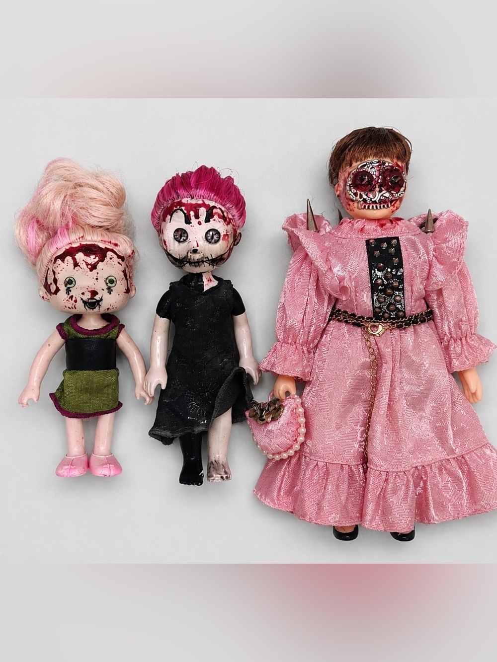 Sale Lot Dolls New Mixed Media Home Art: Pink & Black Horror Doll Trio